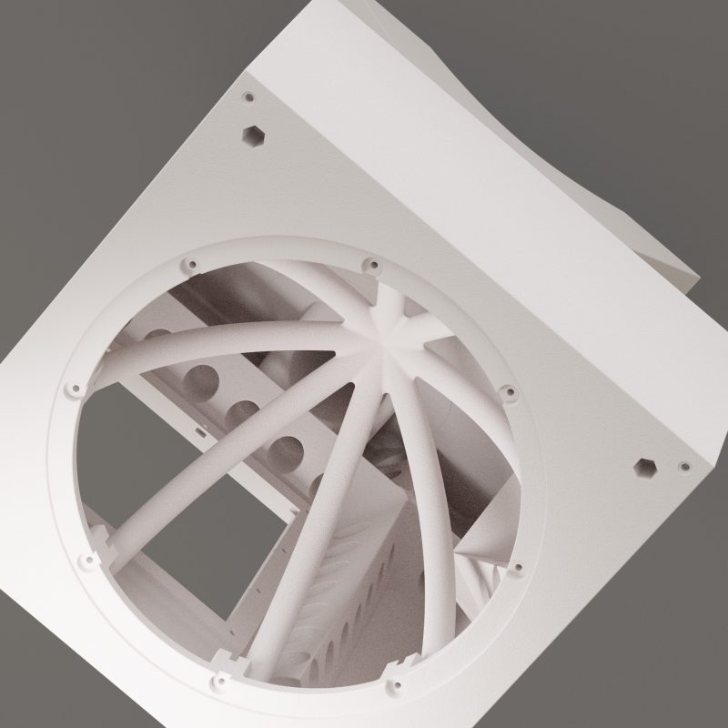 Enclosure of Aural Sculpture OSKAR with support structure for bass driver