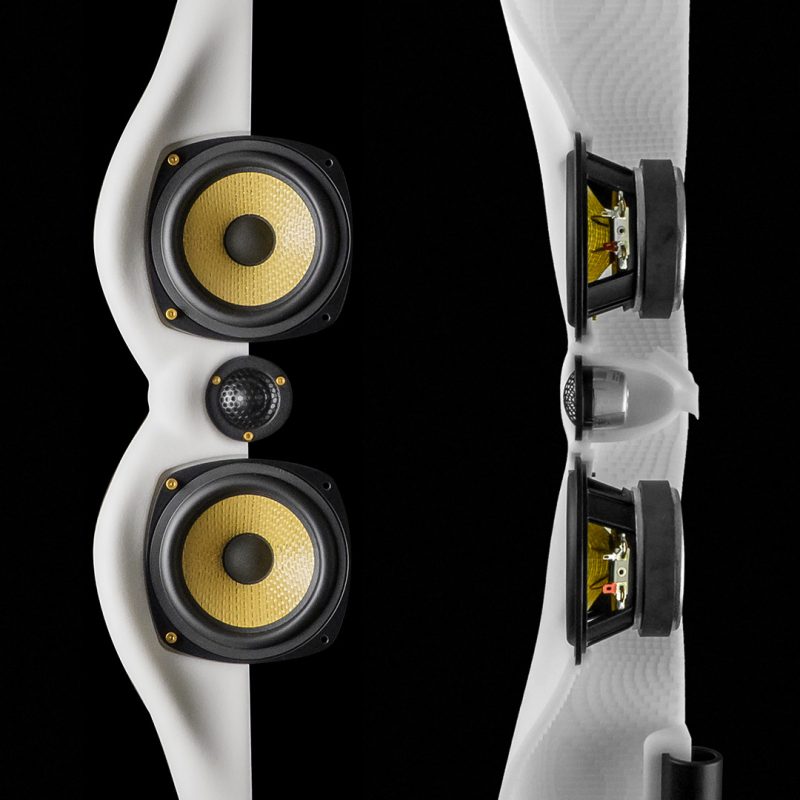 insight into monolithic enclosure of Aural Sculpture NYMOS and assembly of drivers